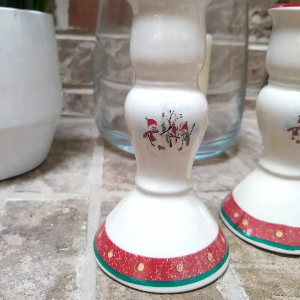 ROYAL SEASONS Candlesticks Stoneware Snowman Candle Tapers Holder - Picture 2 of 6